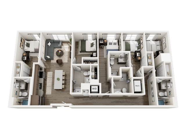 Modern 3D apartment floor plan featuring 3 spacious bedrooms, an open-concept living area with sleek kitchen, and multiple bathrooms for convenience.