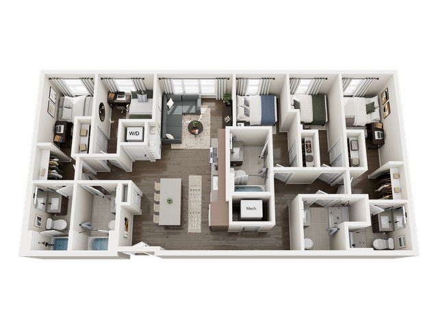 Intricately designed 3D floor plan showcasing 3 spacious bedrooms, modern open-concept living area, sleek kitchen with island, and elegant bathrooms. Ideal for contemporary living.