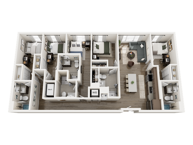 Modern 3D floor plan showcasing 3 bedrooms, 2 bathrooms, and an open-concept kitchen-living area with elegant finishes.
