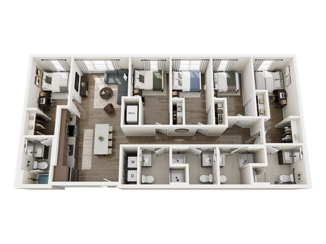 Modern 3D floor plan featuring 3 spacious bedrooms, a stylish open living area, a contemporary kitchen with island, and two well-fitted bathrooms, complete with in-unit laundry facilities.