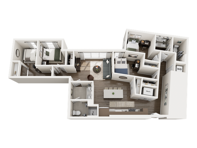 Modern 3D floor plan showcasing 2 bedrooms, a sleek open-concept living room, and a contemporary kitchen with dining area, ideal for comfortable urban living.