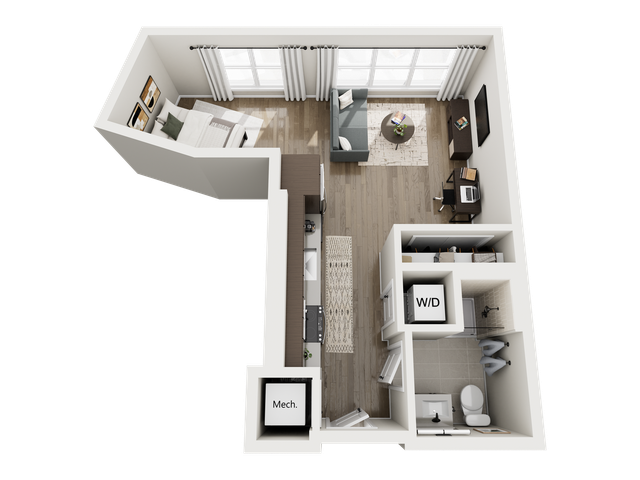 Modern 3D floor plan showcasing a cozy one-bedroom apartment with an open living area, stylish kitchen, and compact bathroom, complete with in-unit washer/dryer.