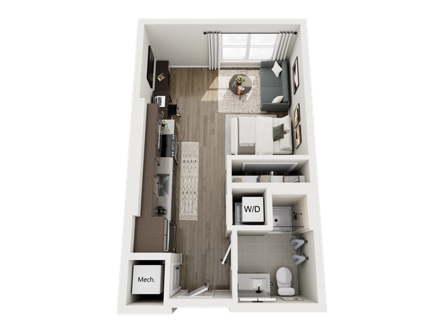 Modern studio apartment layout featuring an open-concept design with a cozy living area, sleek kitchen, and integrated washer/dryer space.