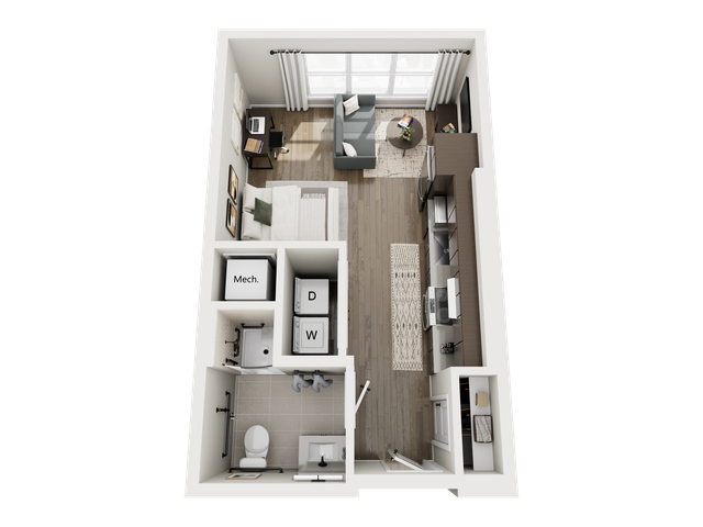 Modern studio floor plan featuring an open-concept living area, kitchenette with sleek appliances, cozy bedroom nook, and stylish bathroom.