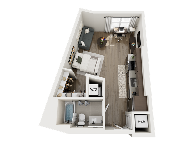 Modern open-concept studio apartment with cozy living area, compact kitchen, and convenient in-unit washer/dryer.