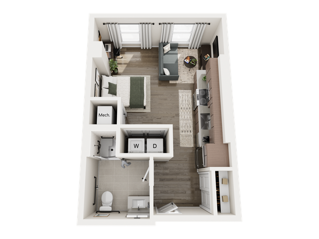 Modern 3D floor plan featuring a cozy bedroom, sleek kitchen, and inviting living area with elegant finishes.