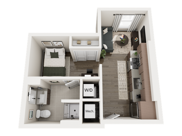 Modern 3D floor plan of a cozy studio apartment with an open kitchen, comfortable living space, and a compact bedroom.