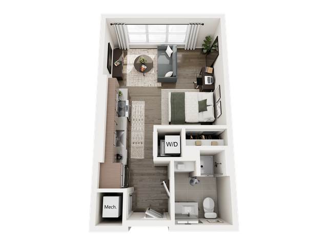 Modern apartment floor plan with one bedroom, a cozy living area, open kitchen, and a contemporary bathroom with washer/dryer.