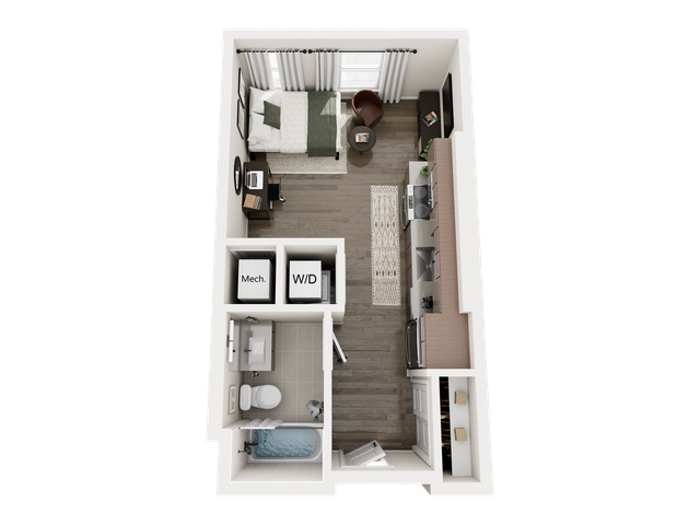 Contemporary studio apartment floor plan featuring an open layout with cozy living area, compact kitchen, and modern bathroom, perfect for efficient living.