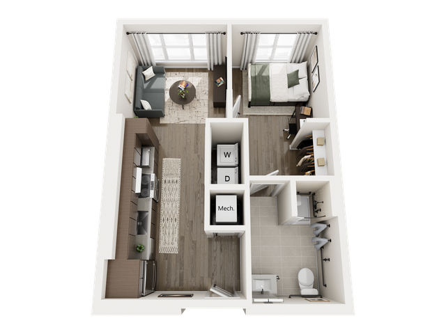 Modern one-bedroom apartment floor plan featuring an open kitchen, cozy living room, spacious bathroom, and convenient laundry area.
