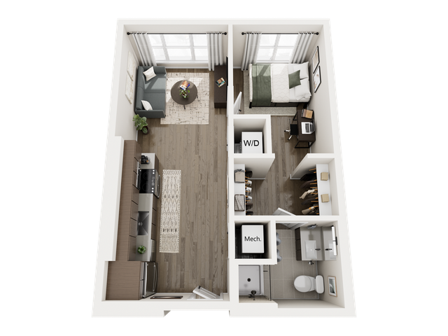 Modern 3D floor plan featuring a cozy living area, a sleek kitchen, one bedroom, and a well-equipped bathroom with a washer/dryer included.