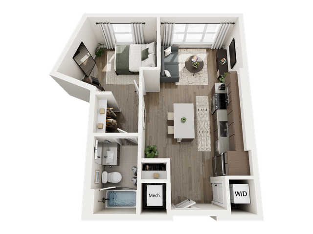 Modern 1-bedroom apartment floor plan featuring an open-concept living and dining area, sleek kitchen, elegant bathroom, and in-unit washer/dryer for ultimate convenience.