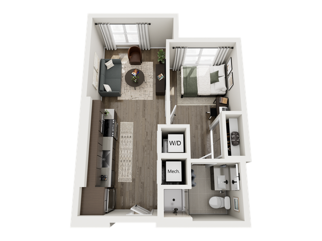 Contemporary 1-bedroom apartment floor plan with open-concept living space, modern kitchen, and cozy living room. Features include in-unit washer/dryer and spacious bathroom.