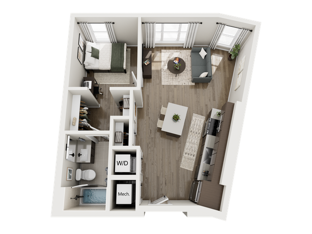 Chic open-concept floor plan featuring a cozy living room, modern kitchen, and inviting bedroom. Includes a full bathroom and convenient washer/dryer unit.