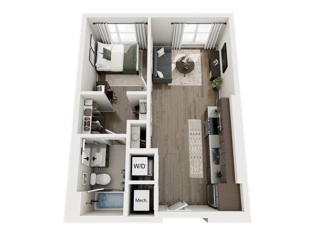 Modern 3D floor plan showcasing a cozy one-bedroom apartment with a sleek kitchen, spacious living area, and well-appointed bathroom, including in-unit washer and dryer.