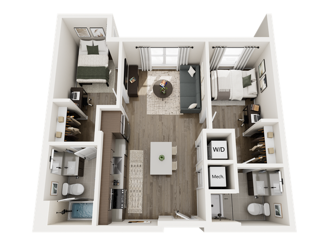 Chic 2D floor plan showcasing a modern 2-bedroom apartment with open living area, stylish kitchen, and dual bathrooms.