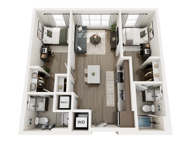 Elegant floor plan highlighting two cozy bedrooms, spacious living room, modern kitchen, and two stylish bathrooms with ample natural light.