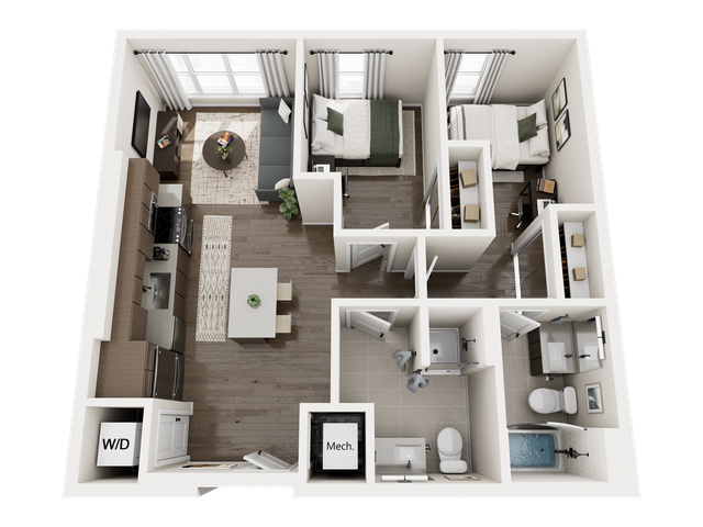 Modern 3D floor plan featuring an open-concept kitchen and living area, two cozy bedrooms, and two stylish bathrooms, highlighting efficient use of space and contemporary design.