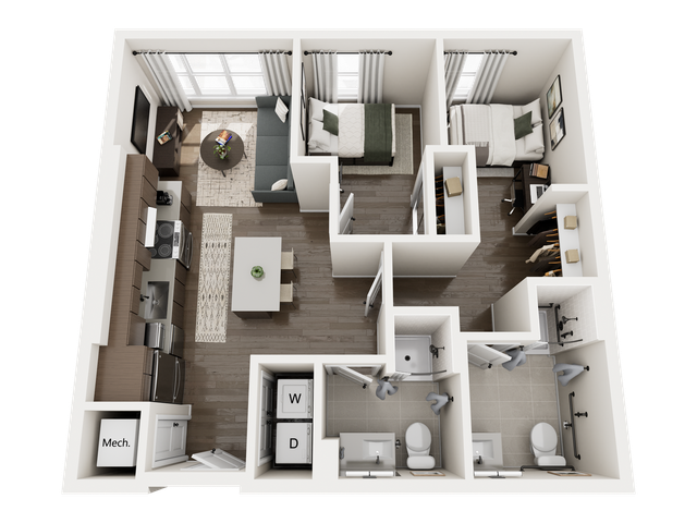 Modern 3D apartment floor plan featuring two bedrooms, a stylish living room, sleek kitchen, spacious closets, and two contemporary bathrooms.