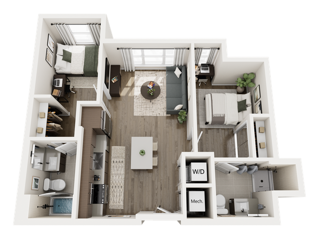 Modern 3D floor plan showcasing 2 bedrooms, an expansive living area, sleek kitchen with island, and 2 bathrooms, featuring in-unit laundry and ample natural light.