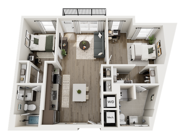 Modern 2-bedroom apartment floor plan with open-concept living and dining area, sleek kitchen, and elegant bathrooms. Features spacious bedrooms, in-unit washer/dryer, and balcony access, offering chic and comfortable living.