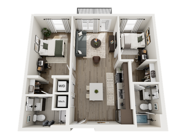 Modern 3D apartment floor plan showcasing an open-concept living area, two cozy bedrooms, and a stylish kitchen with sleek appliances.