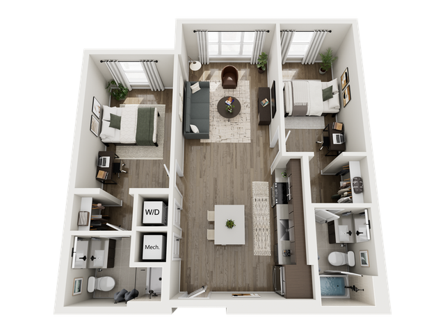 Modern 3D floor plan featuring 2 bedrooms, a stylish open-concept living area, and a sleek kitchen with wood flooring.
