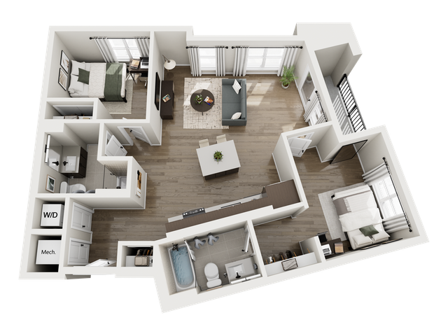 Elegant 3D floor plan featuring two bedrooms, a modern open-concept living area, a sleek kitchen, and a cozy balcony.