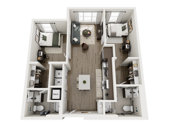 Modern 3D floor plan featuring two bedrooms, an elegant open-concept living and dining area, a sleek kitchen, and two stylish bathrooms.