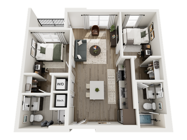 Modern 3D apartment floor plan showcasing 2 bedrooms, an inviting living room, a sleek kitchen, and two bathrooms for contemporary living.