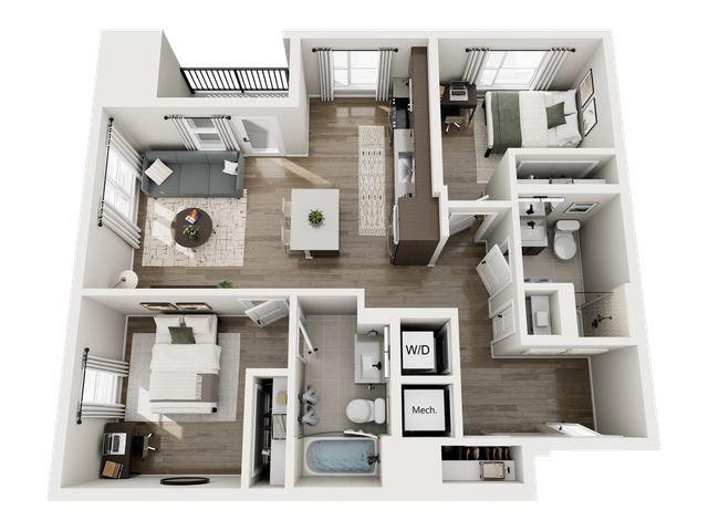 Elegant 3D floor plan showcasing 2 bedrooms with modern decor, open living area, stylish kitchen, and 2 bathrooms.