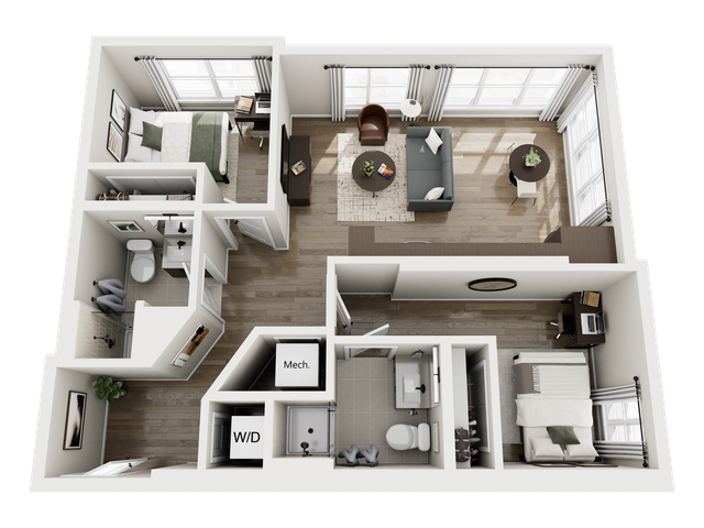Chic apartment floor plan with 2 bedrooms, modern living area, sleek kitchen, and 2 bathrooms, complemented by natural light through expansive windows.