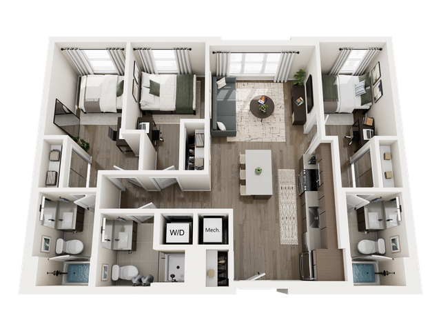 Contemporary 3D floor plan showcasing 2 spacious bedrooms, an elegant open-concept living area, and a modern kitchen with wood floors.