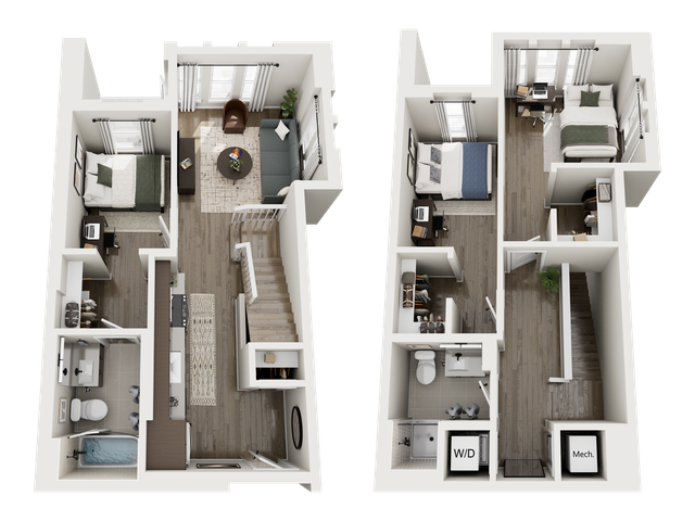 Modern two-story apartment floor plan showcasing 3 bedrooms, a cozy living room, elegant kitchen, and two stylish bathrooms, perfect for comfortable urban living.