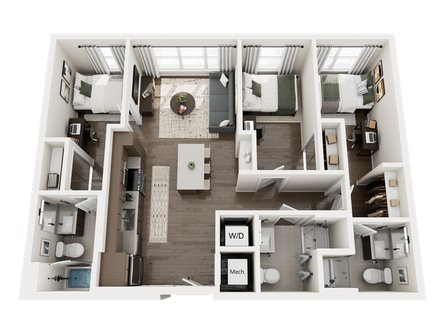 Elegant 3D floor plan showcasing two spacious bedrooms, modern kitchen, and stylish living area with abundant natural light.