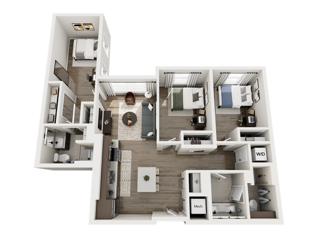 Modern 3D floor plan showcasing 3 stylish bedrooms, cozy open-concept living and dining area, sleek kitchen, and 2 contemporary bathrooms.