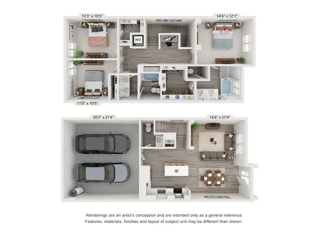 Two-story modern floor plan featuring three bedrooms, an open-concept living area, and a two-car garage. Renderings are an artist\'s conception and are intended only as general reference.  Features, materials, finishes and layout of subject unit may be different than shown.