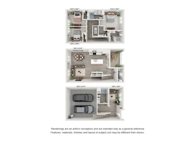 T3 - Contemporary floor plan showcasing 3 bedrooms, elegant open living and dining areas, dual-car garage, and modern kitchen with island. Renderings are artist\'s conception and are intended only as a general reference.  Features, materials, finishes and layout of subject unit may be different than shown.