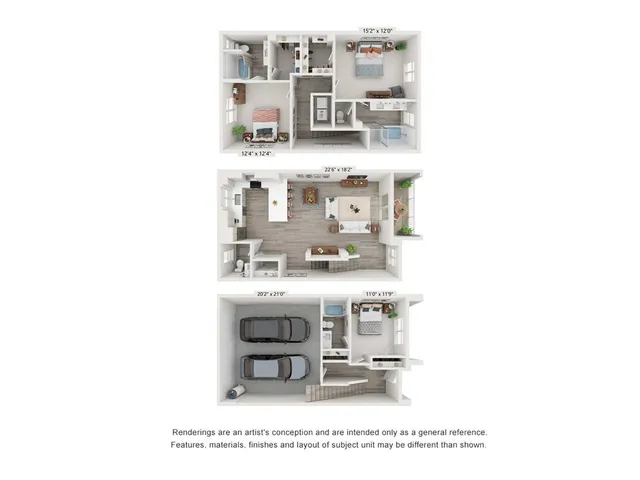 T4 - Contemporary 3D floor plan showcasing three bedrooms, spacious living areas, modern kitchen, and dual-car garage for a stylish urban lifestyle. Renderings are an artist\'s conception and are intended only as general reference.  Features, materials, finishes and layout of subject unit may be different than shown.