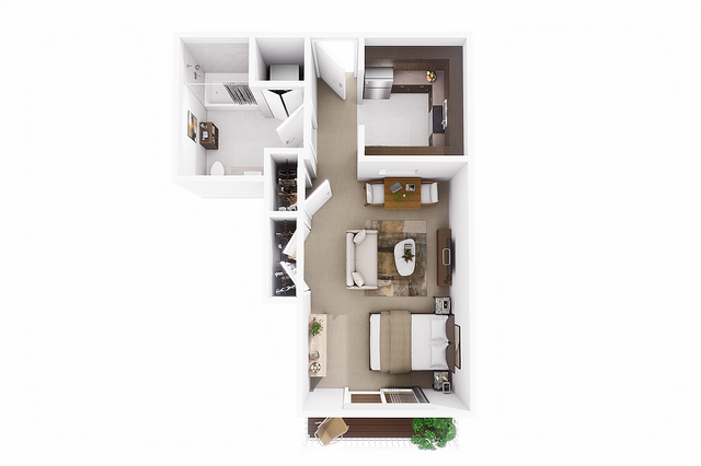 Chic studio apartment floor plan featuring an open-concept living and dining area, modern kitchen, and a sleek bathroom.