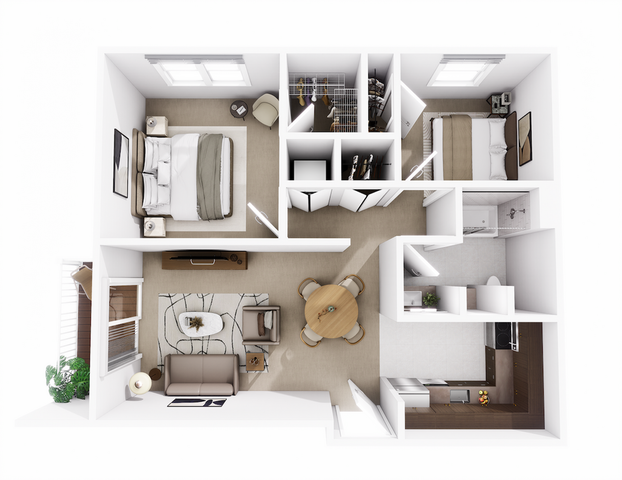 Elegant 3D floor plan showcasing a modern two-bedroom apartment with a spacious living area, stylish kitchen, and cozy dining space.
