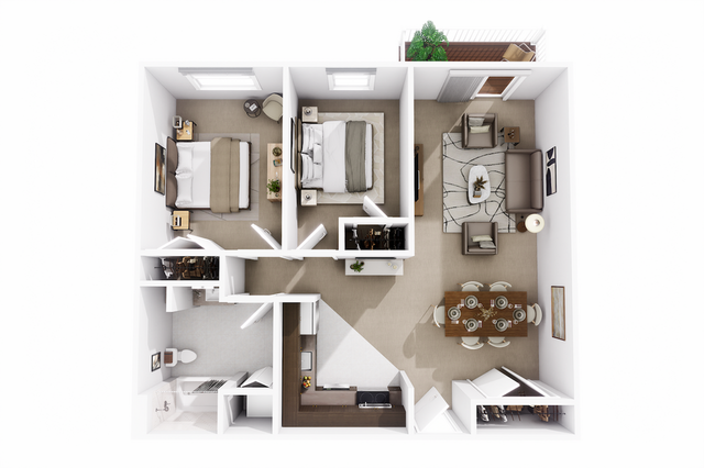 Modern floor plan showcasing an elegant 2-bedroom apartment with an open-concept living and dining area, a sleek kitchen, and a cozy balcony.