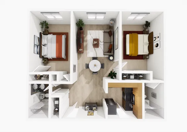 Deluxe two-bedroom apartment floor plan with two bathrooms at Woodlands at Nashua
