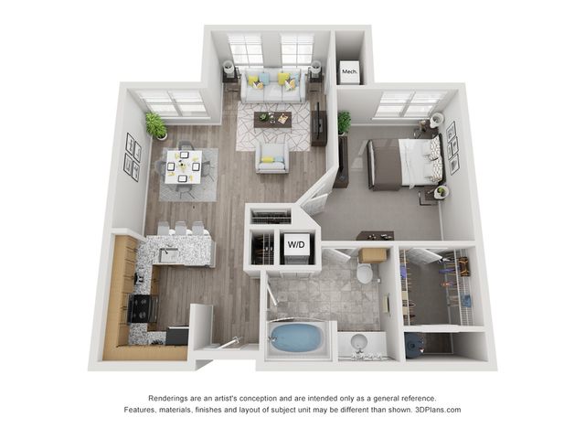 Modern 3D floor plan featuring one bedroom, a cozy living area, stylish kitchen, and two bathrooms with a balcony.