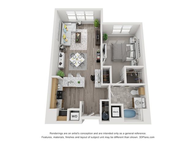 Charming 3D floor plan showcasing an inviting open-concept living and dining area, elegant kitchen, cozy bedroom with ample closet space, and a modern bathroom.