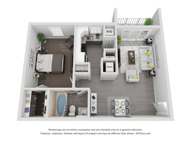 Modern apartment floor plan featuring a spacious bedroom, cozy living room with balcony access, sleek kitchen, and a stylish bathroom.