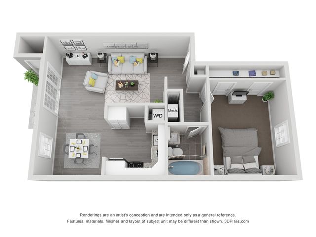 Modern 3D floor plan showcasing a cozy 1-bedroom apartment with an open living area, contemporary kitchen, and a sleek bathroom.
