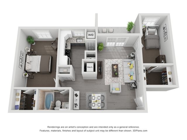 Modern 3D floor plan showcasing 2 cozy bedrooms, bright living area, sleek kitchen, and outdoor space for stylish living.