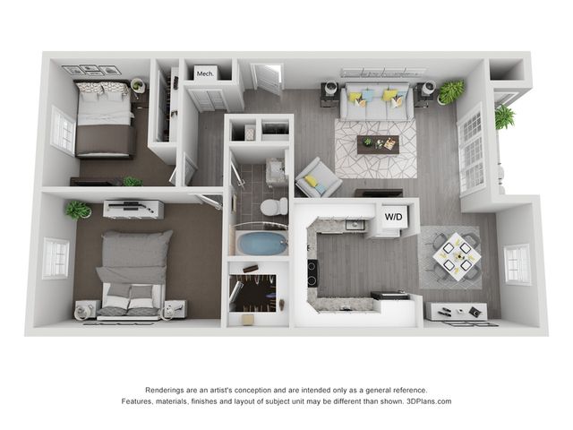 Modern 3D apartment floor plan showcasing 2 spacious bedrooms, a stylish living area, and a well-equipped kitchen, complemented by a sleek bathroom and convenient laundry space.