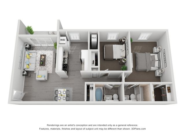 Modern 3D floor plan showcasing 2 cozy bedrooms, open living area, sleek kitchen, and two elegant bathrooms.
